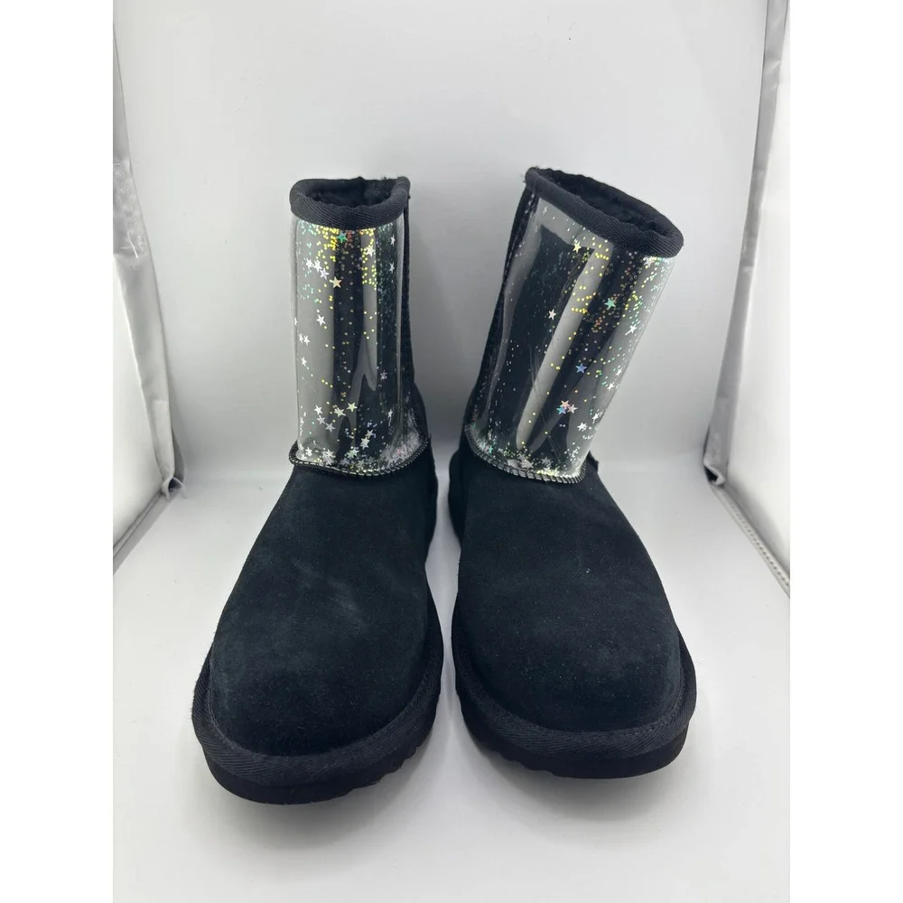 UGG Classic Short Starry Glitter Black Suede Fur Lined Boots Women 6 1116192